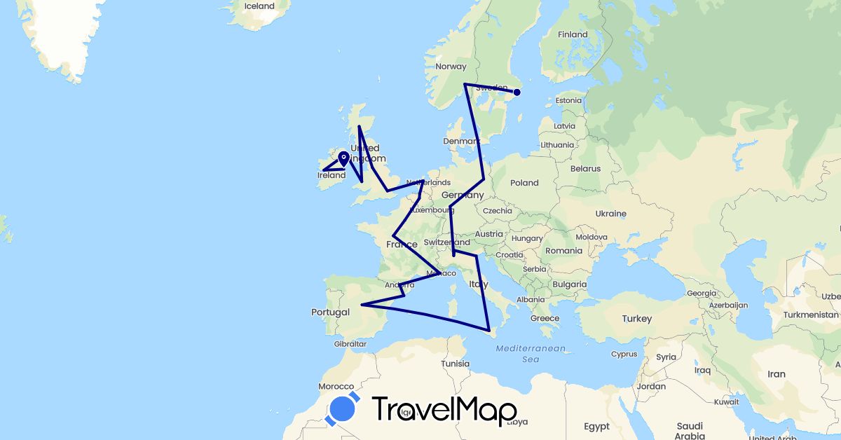 TravelMap itinerary: driving in Andorra, Belgium, Germany, Denmark, Spain, France, United Kingdom, Ireland, Italy, Netherlands, Norway, Sweden (Europe)